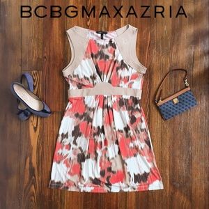 BCBGMaxAzria Cream/Brown/Coral Abstract Dress